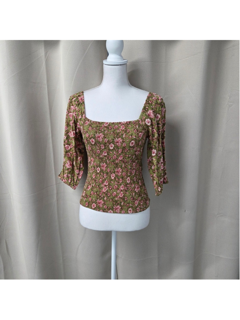 Jessica Simpson Floral Pink and Green Smocked Blouse Size S